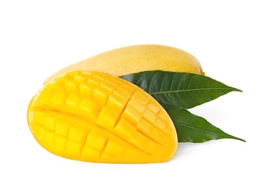 Photo of Fresh juicy mango and leaves isolated on white