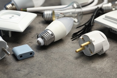 Set of electrician's equipment on gray table