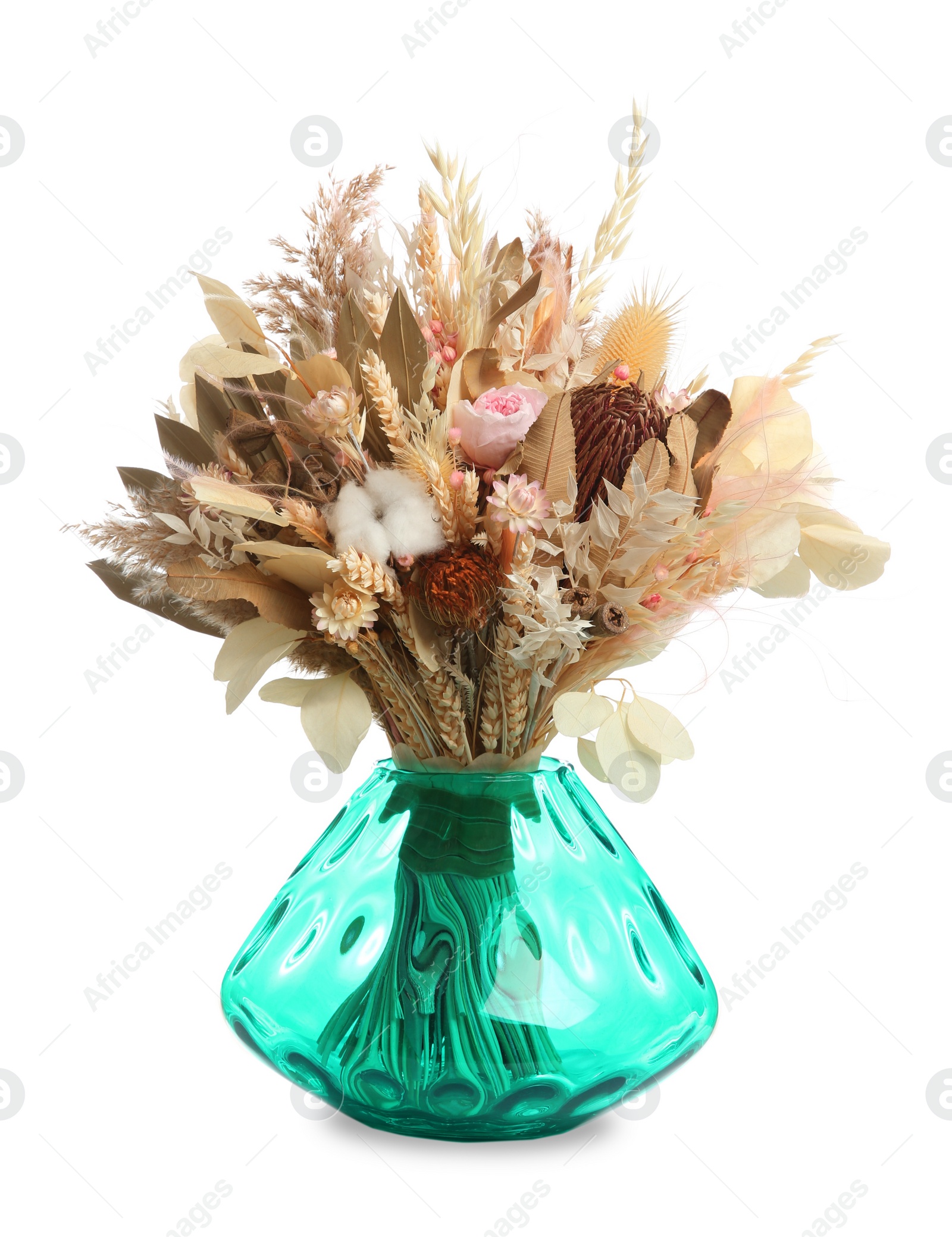 Photo of Beautiful dried flower bouquet in glass vase isolated on white