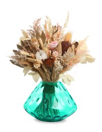 Photo of Beautiful dried flower bouquet in glass vase isolated on white