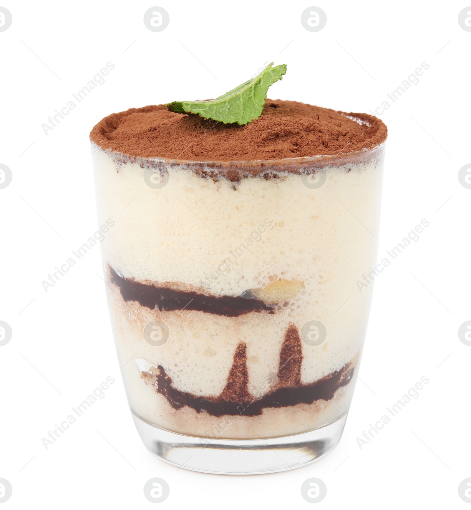 Photo of Delicious tiramisu cake in glass with mint isolated on white