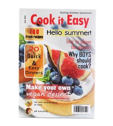 Photo of Modern printed culinary magazine on white background