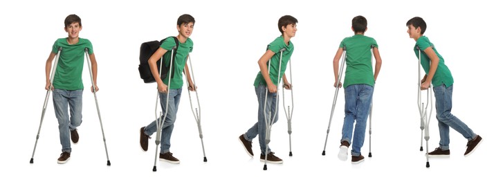 Image of Teenage boy with axillary crutches on white background, collage. Banner design