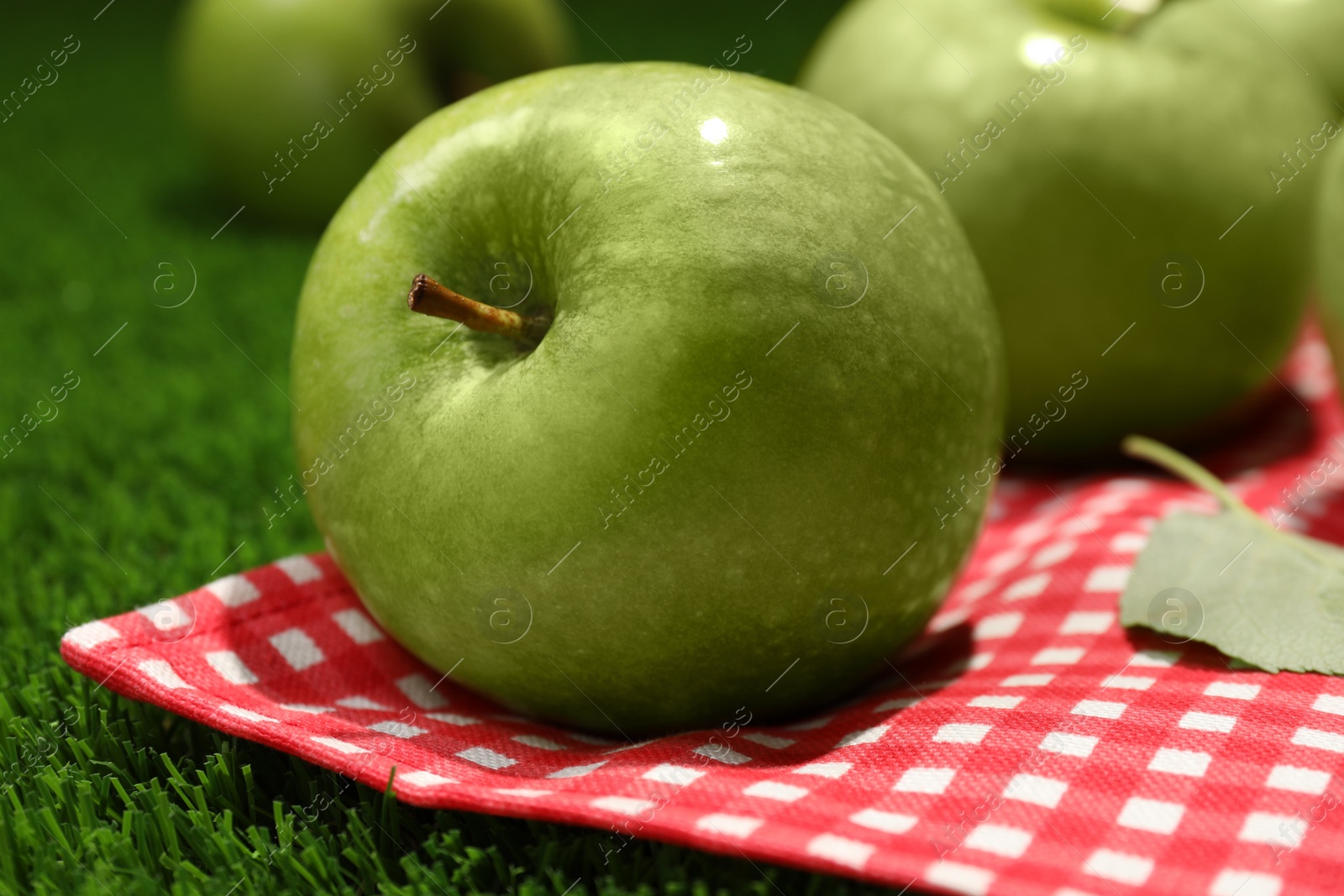 Photo of Ripe green apple and picnic blanket on grass, closeup