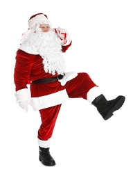 Photo of Authentic Santa Claus with bag full of gifts on white background