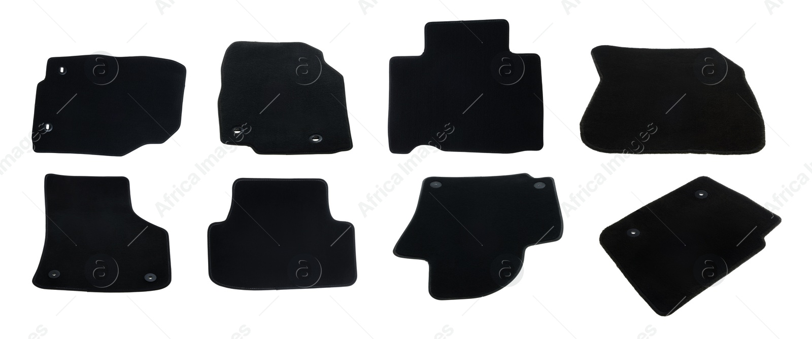 Image of Set with black car floor mats on white background. Banner design