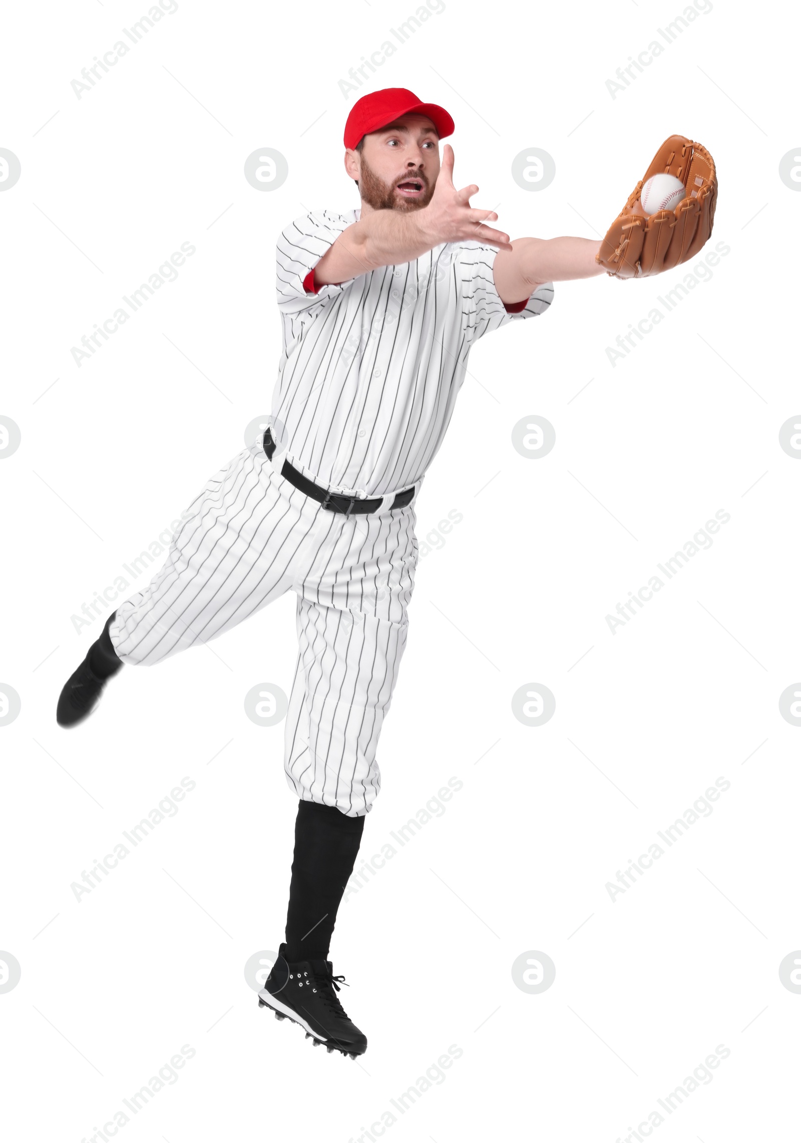 Photo of Baseball player catching ball on white background