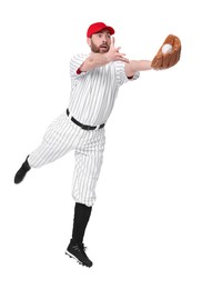 Baseball player catching ball on white background