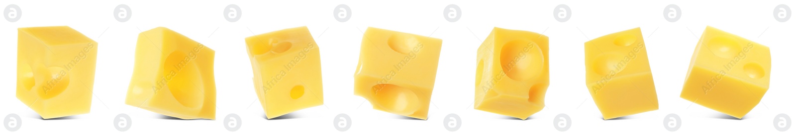 Image of Pieces of delicious cheese on white background, collage. Banner design