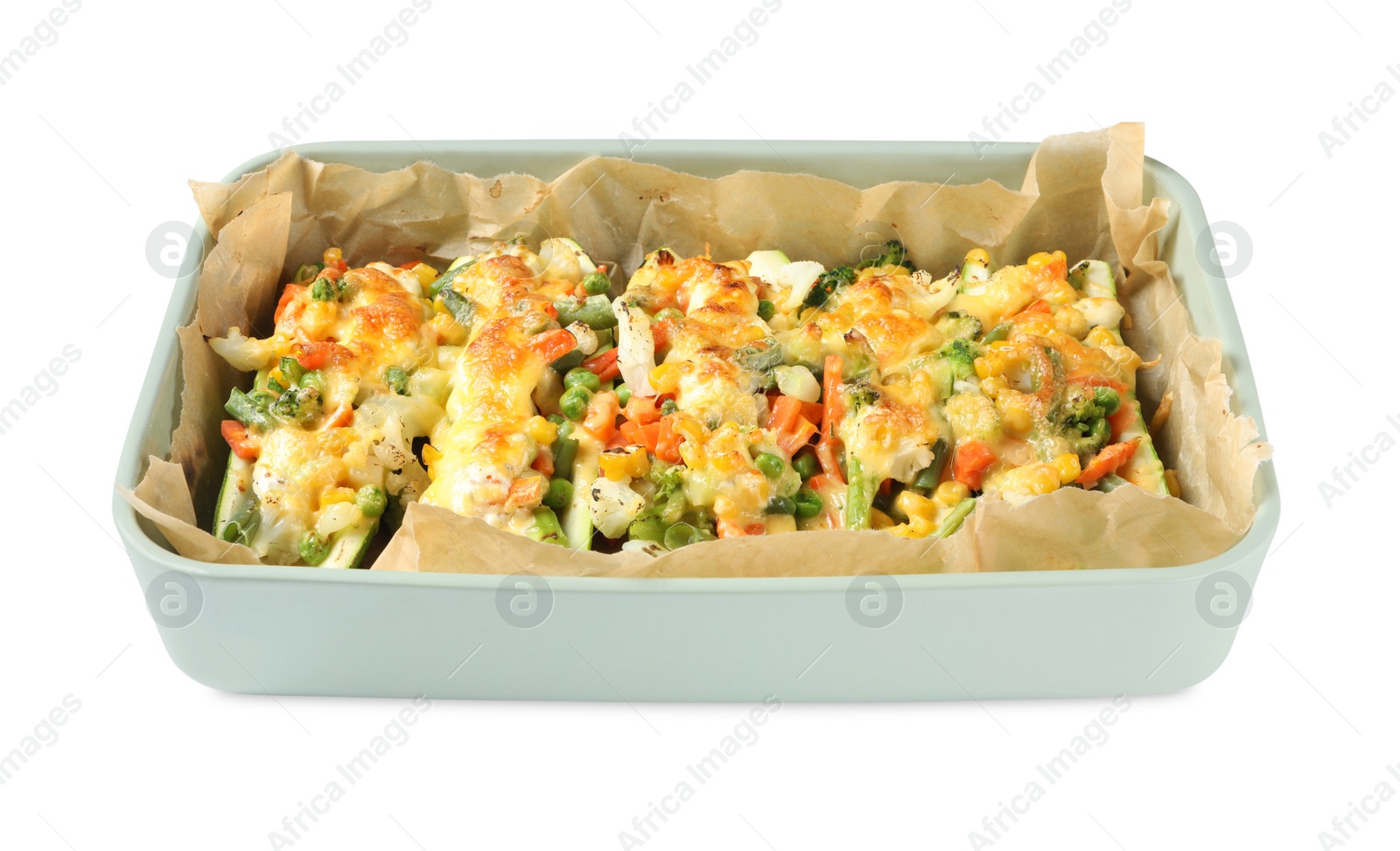 Photo of Baking dish with stuffed zucchinis on white background