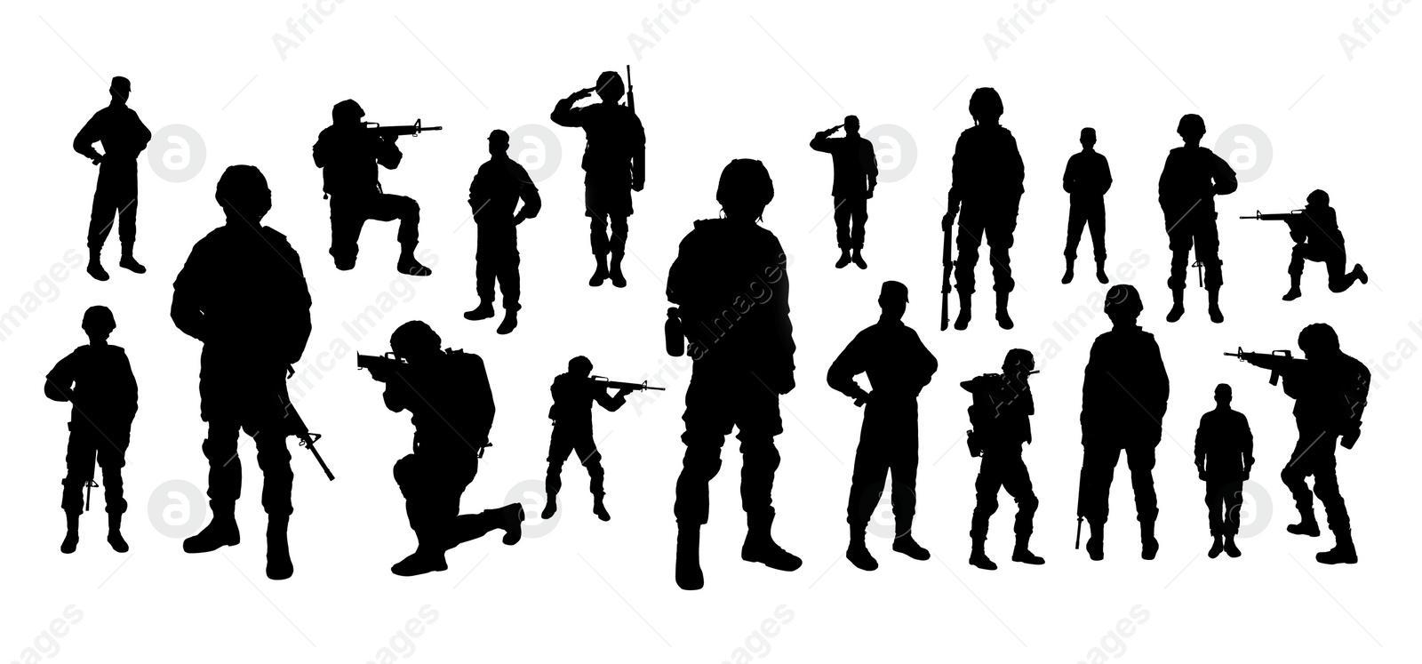 Image of Collage with silhouettes of military soldiers on white background, banner. Military service