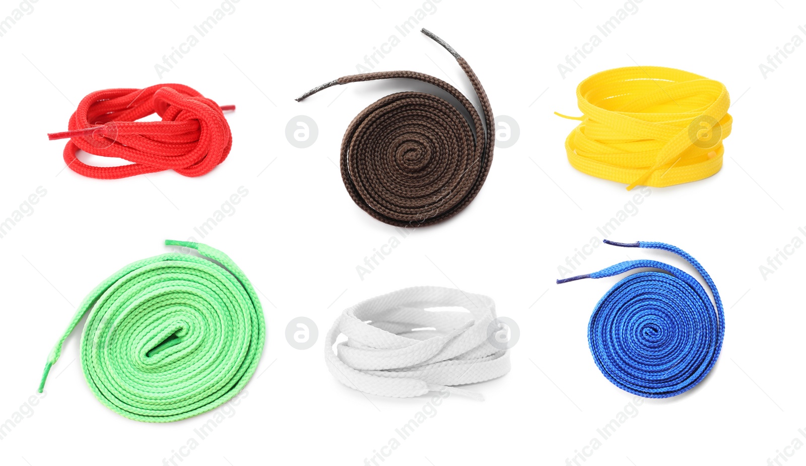 Image of Set with different bright shoe laces on white background, top view. Banner design