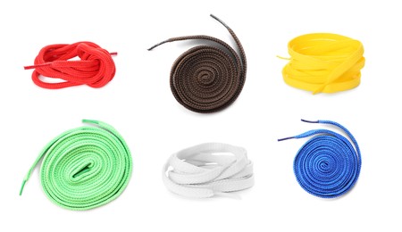 Image of Set with different bright shoe laces on white background, top view. Banner design