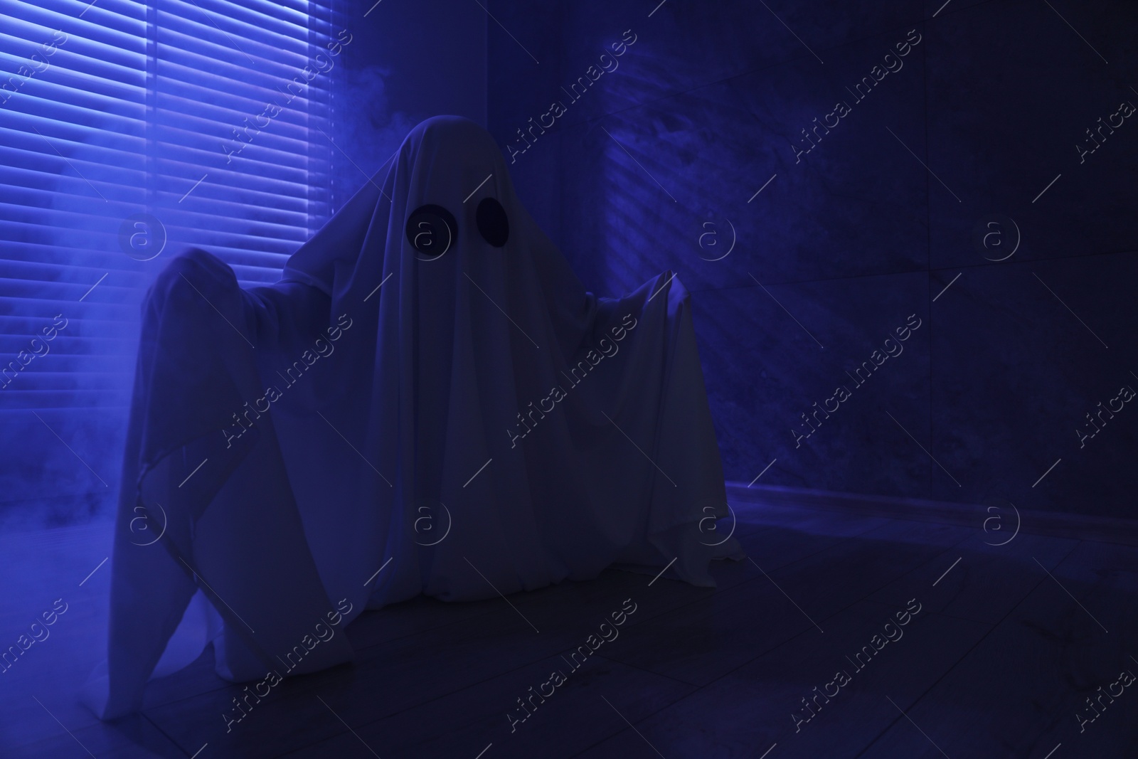 Photo of Creepy ghost. Woman covered with sheet in blue light, space for text