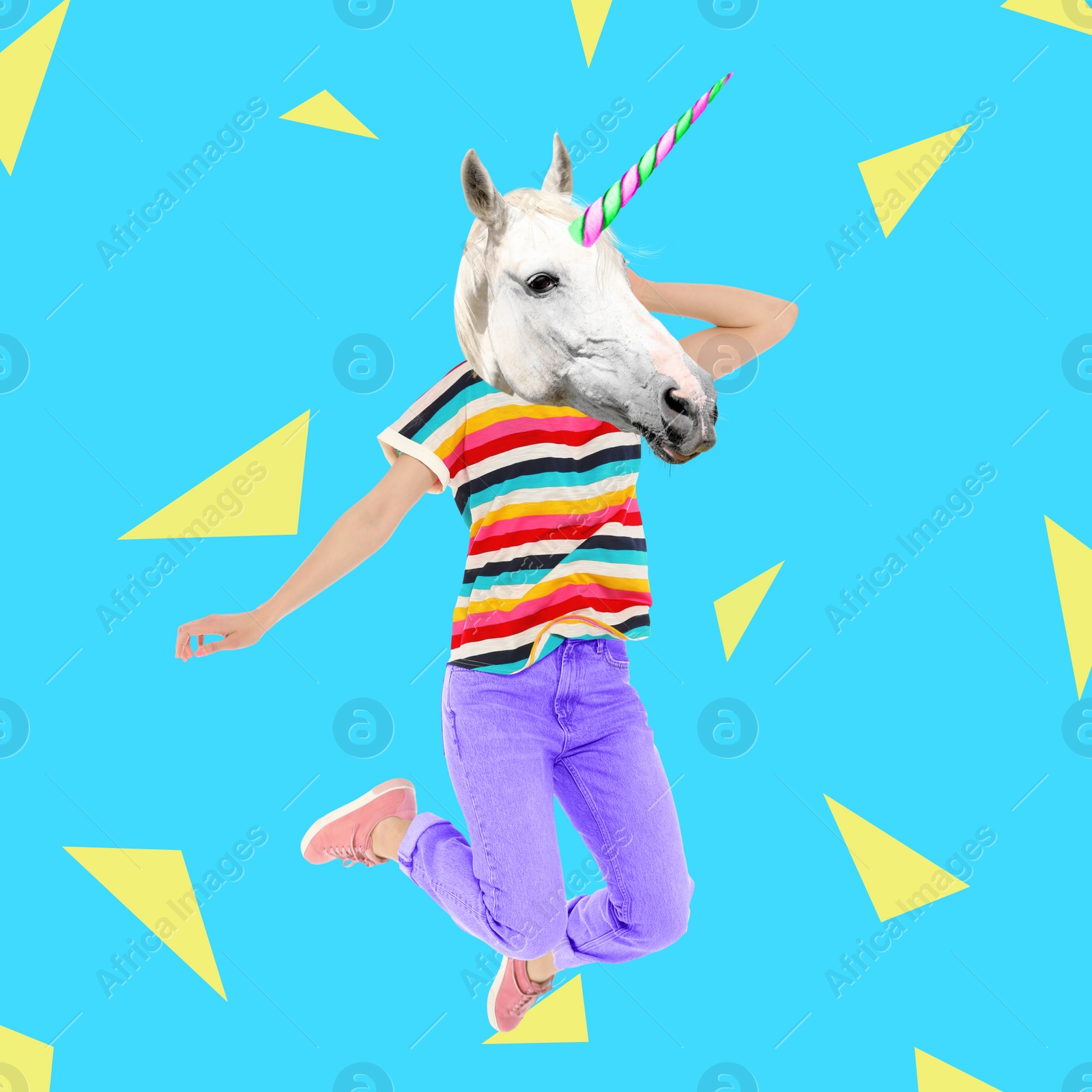 Image of Modern art collage. Woman with unicorn's head on color background