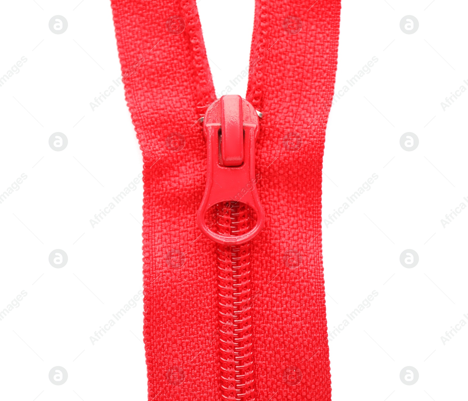 Photo of Red zipper on white background, top view