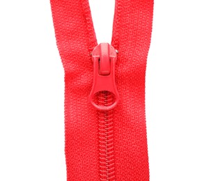 Red zipper on white background, top view