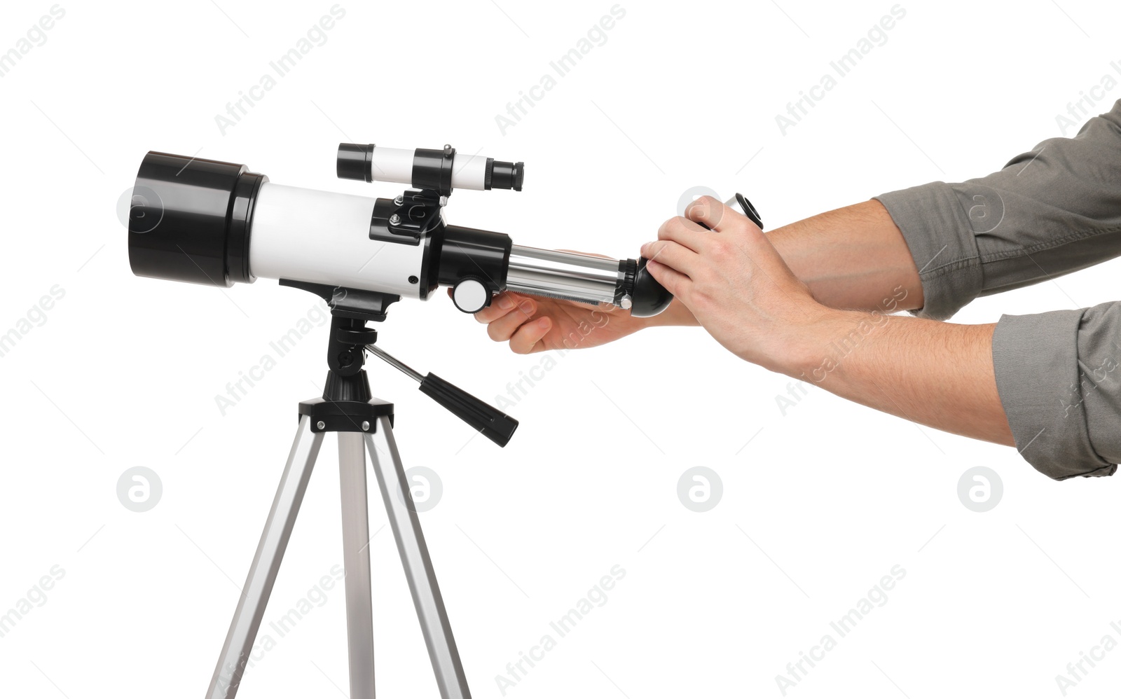 Photo of Astronomer setting up telescope on white background, closeup