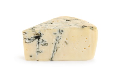 Photo of Piece of delicious blue cheese on white background