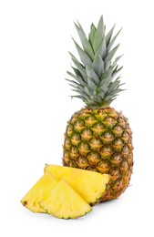 Photo of Whole and cut ripe pineapples isolated on white