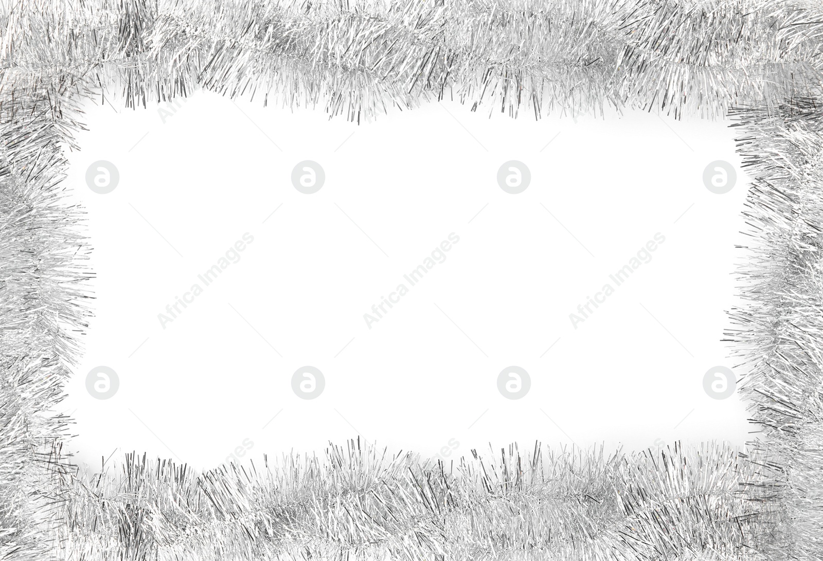 Image of Frame made of shiny silver tinsels on white background, top view. Space for text