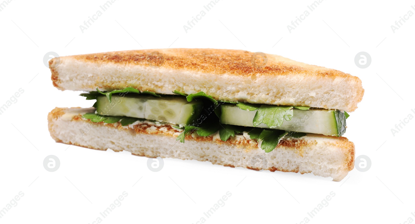 Photo of Tasty sandwich with cucumber and parsley on white background