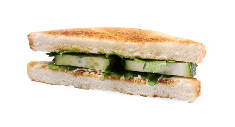 Tasty sandwich with cucumber and parsley on white background