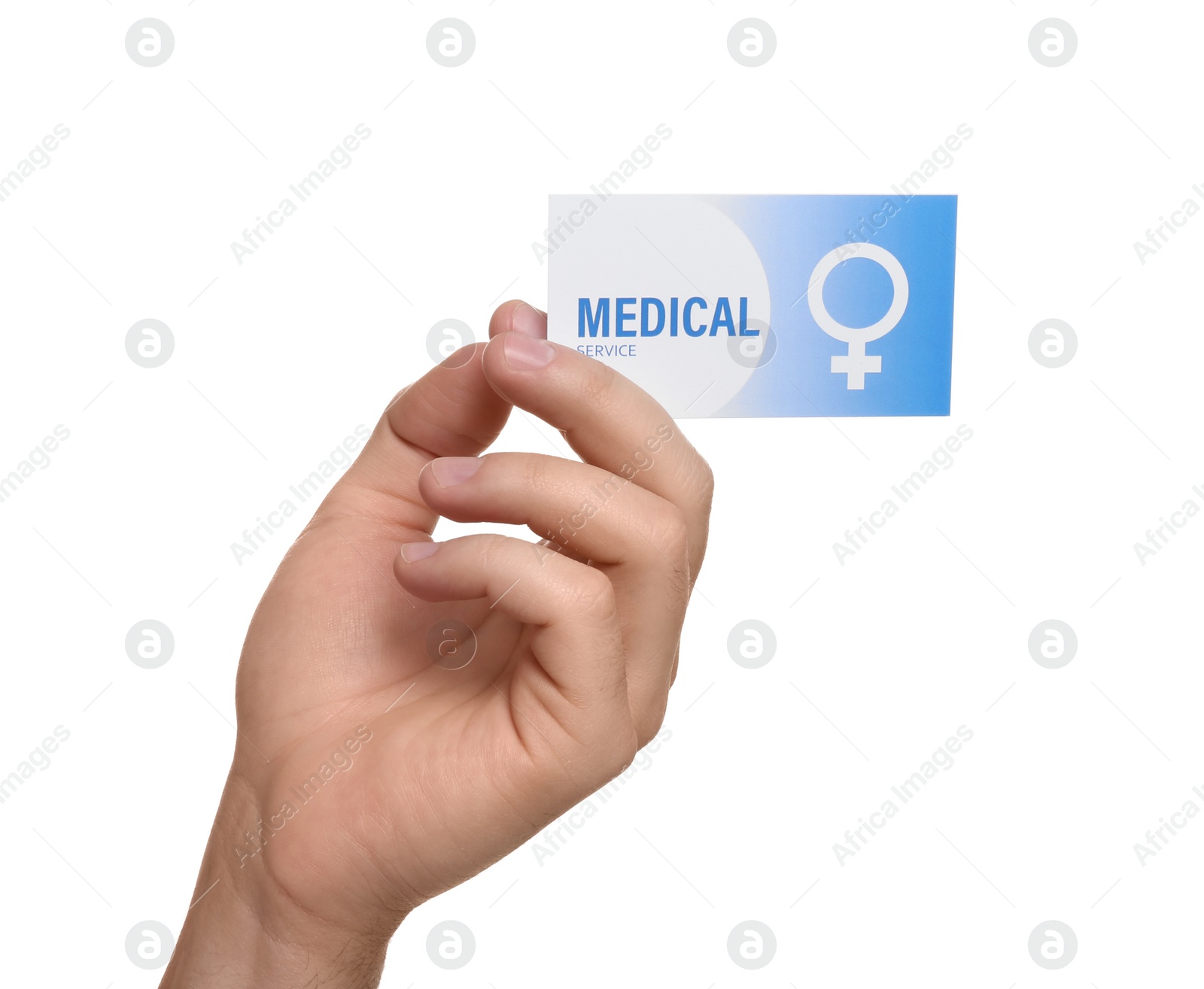 Photo of Man holding medical business card isolated on white, closeup. Women's health service