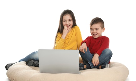 Photo of Little children using video chat on laptop against white background