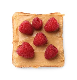 Photo of Tasty peanut butter sandwich with fresh raspberries isolated on white, top view