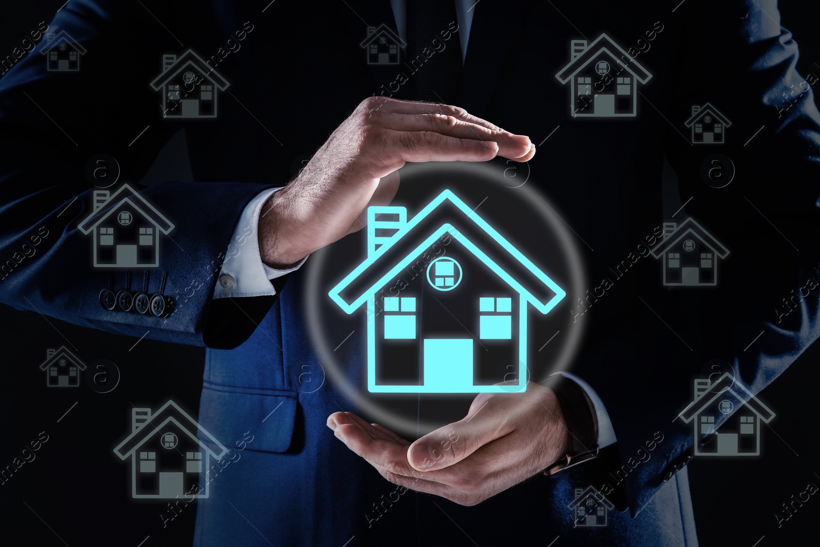 Image of Property search concept. Man demonstrating house illustration, closeup