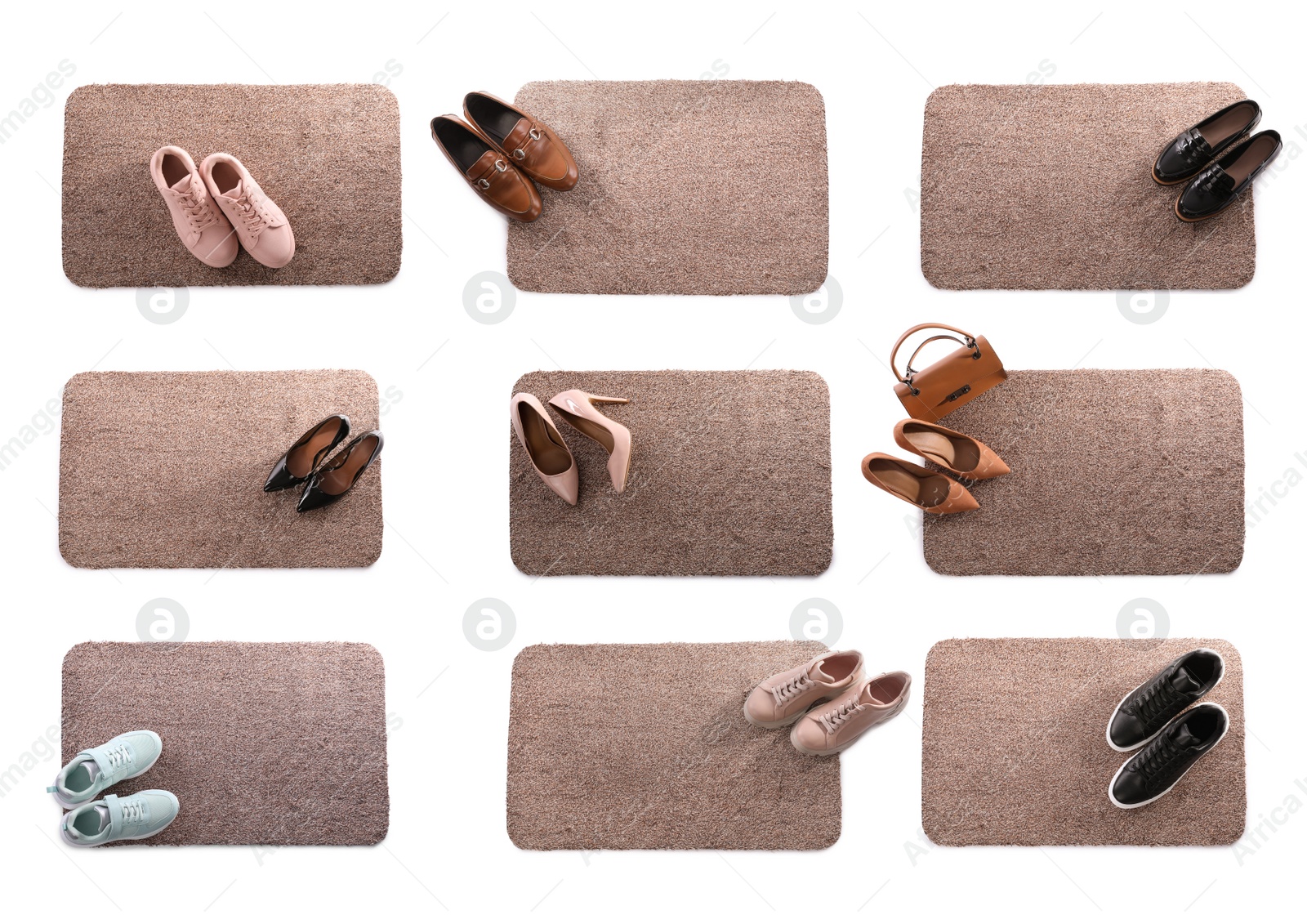 Image of Set with door mats and different shoes on white background, top view