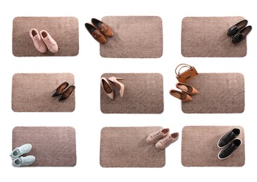 Set with door mats and different shoes on white background, top view