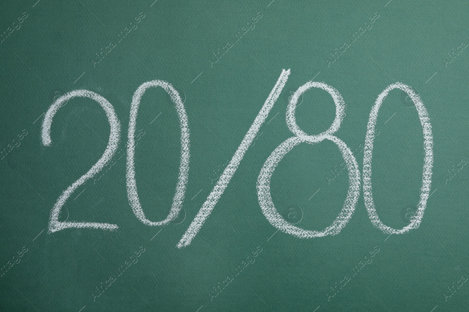 Photo of Numbers 20 and 80 written with chalk on green background. Pareto principle concept