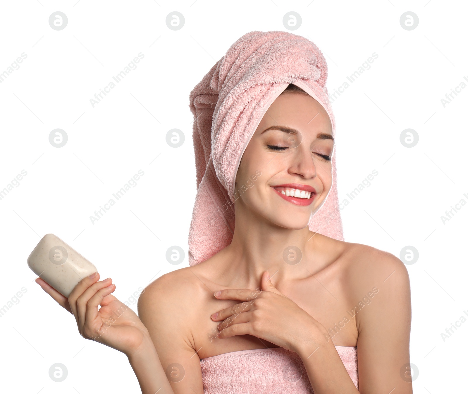 Image of Beautiful young woman with soap bar on white background