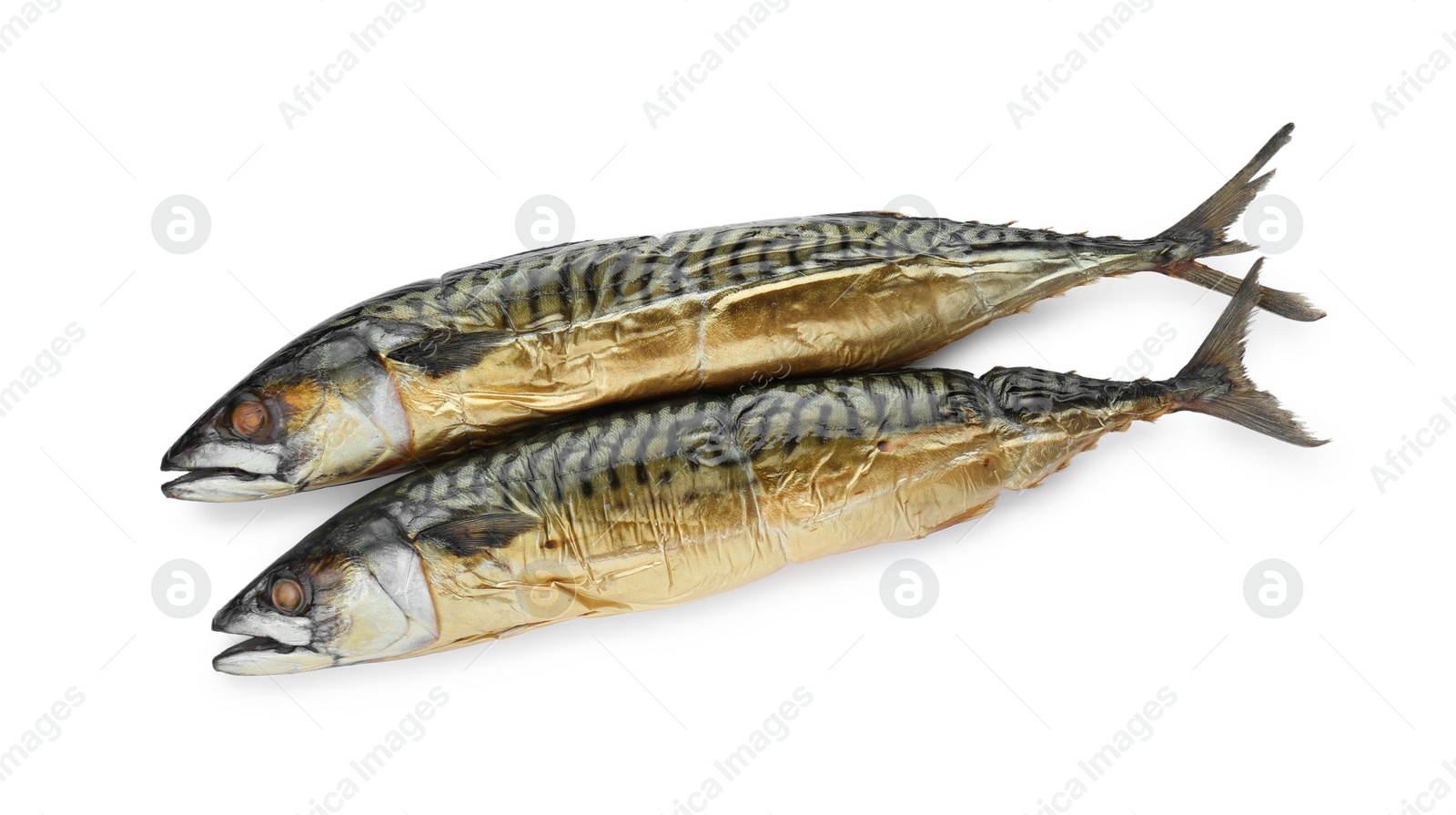 Photo of Delicious smoked mackerels isolated on white, top view