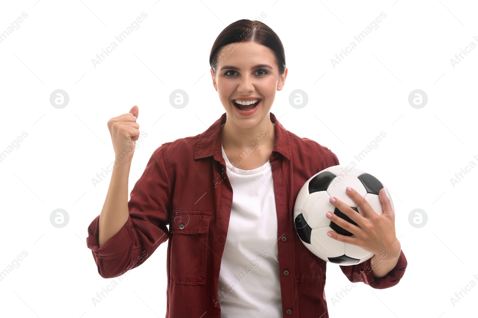 Photo of Emotional sports fan with soccer ball on white background