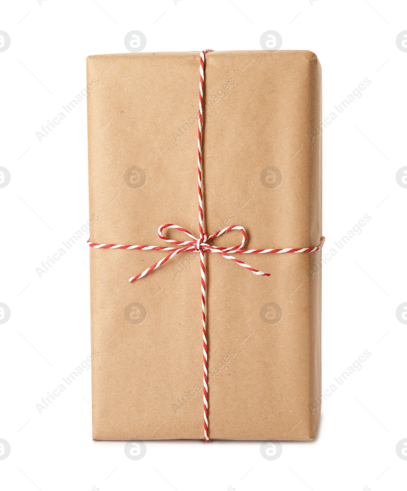 Photo of Gift box wrapped in kraft paper with bow isolated on white