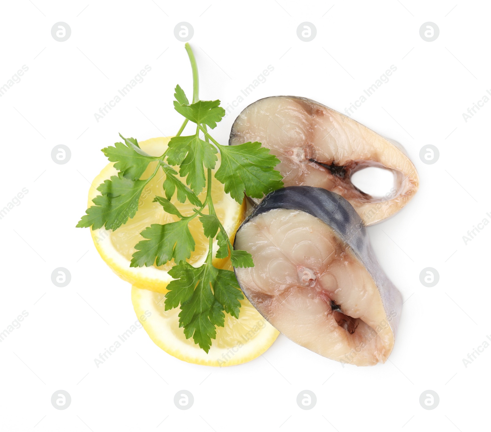 Photo of Pieces of mackerel fish with parsley and lemon on white background, top view