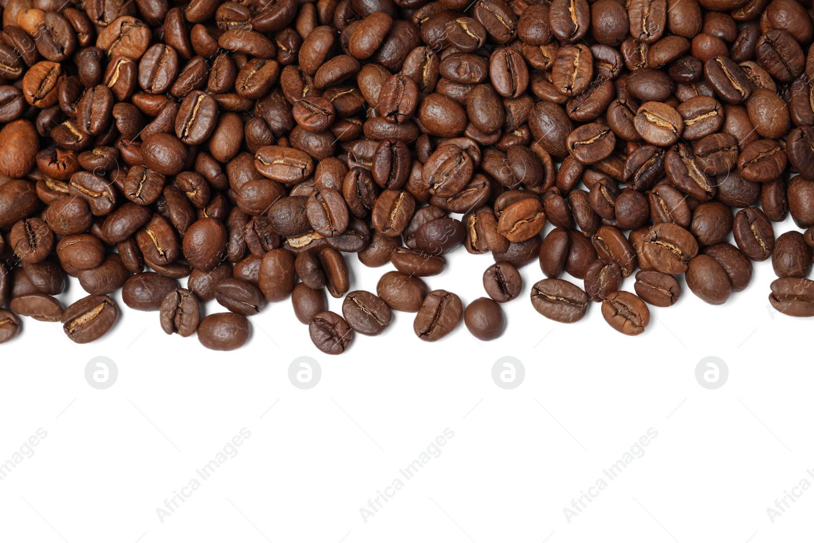 Photo of Many roasted coffee beans on white background, top view