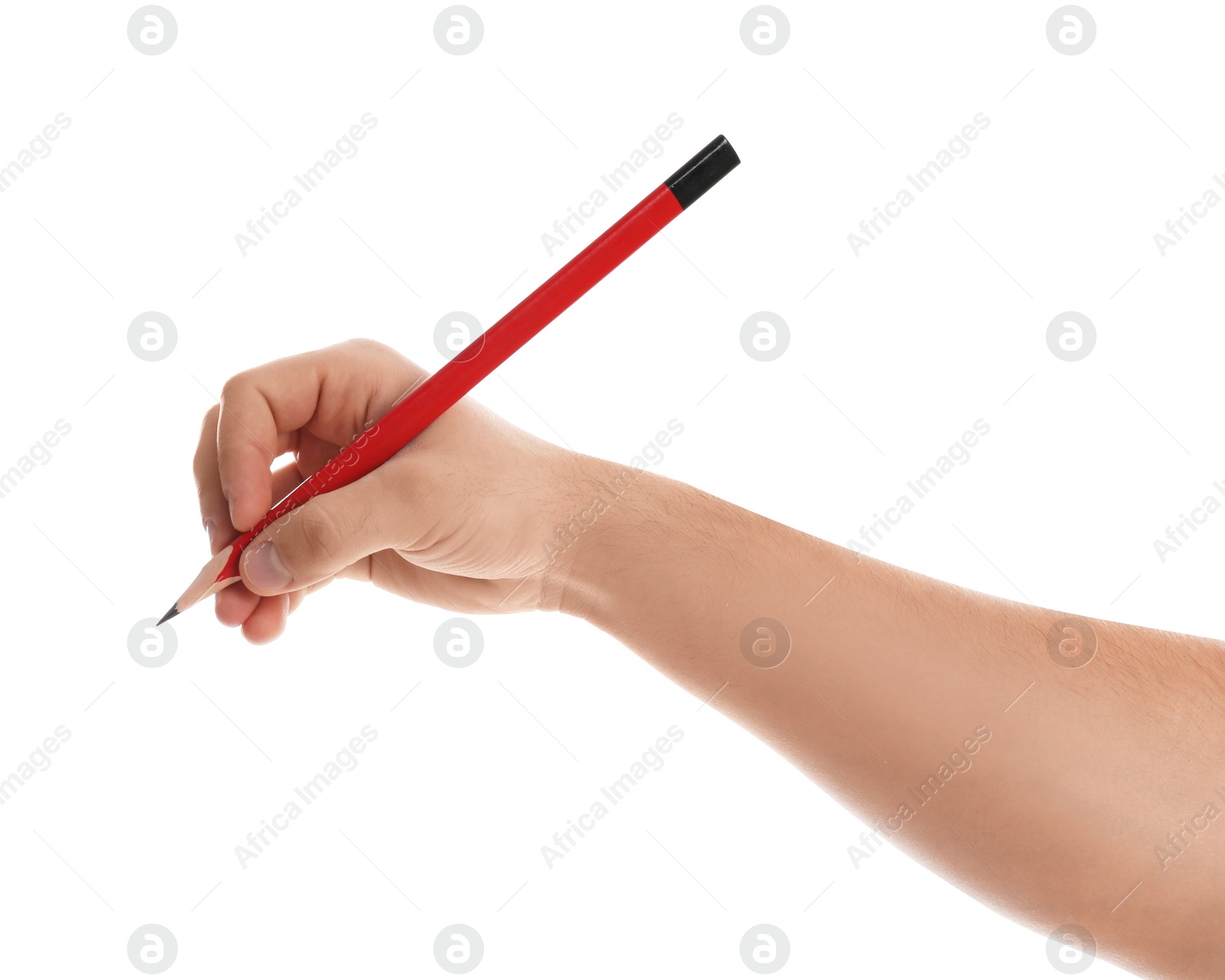 Photo of Man holding pencil on white background, closeup of hand