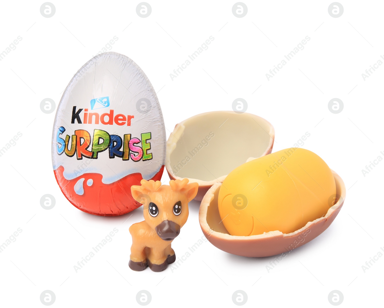 Photo of Slynchev Bryag, Bulgaria - May 24, 2023: Kinder Surprise Eggs, plastic capsule and toy deer isolated on white