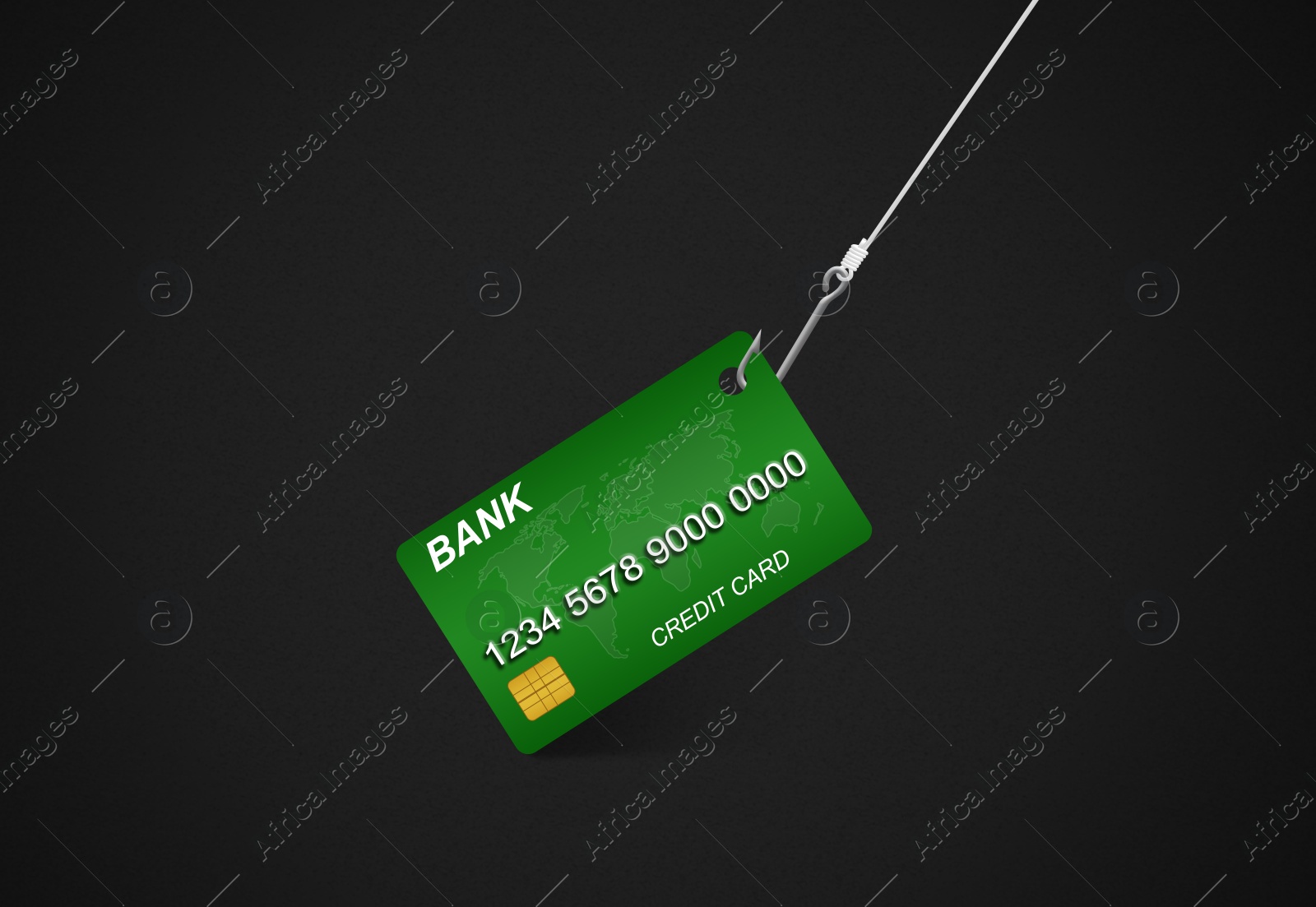 Image of Hook with credit card on black background. Cyber crime