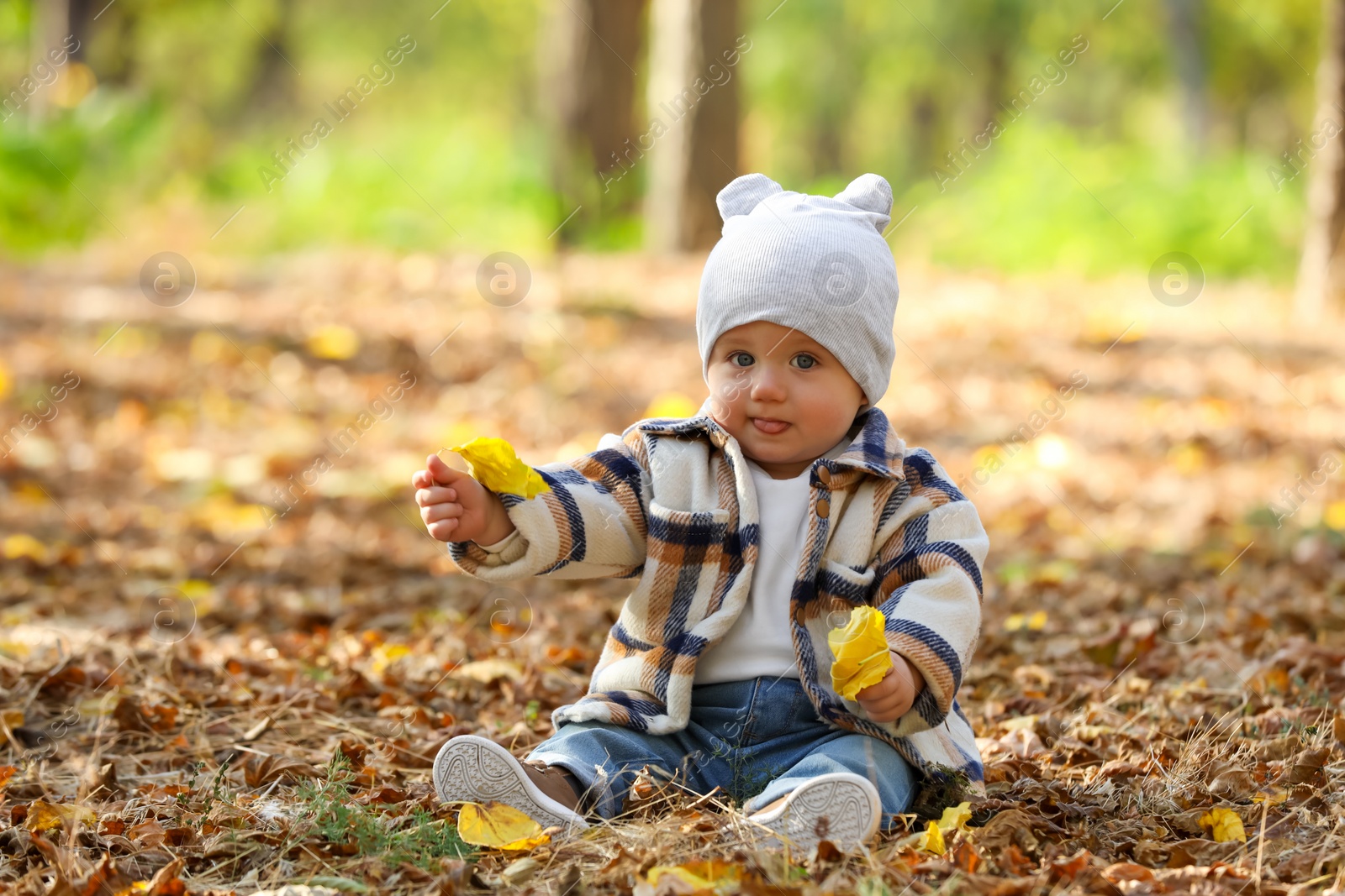 Photo of Cute little child on ground with dry leaves in autumn park