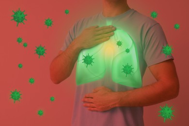 Man holding hands near chest with illustration of lungs and viruses that surrounding him on red background, closeup