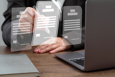 Image of Woman signing electronic document at table, closeup. Virtual screen over laptop