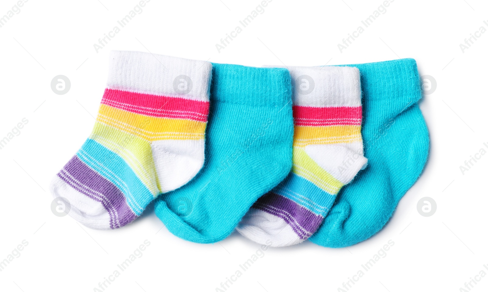 Photo of Cute child socks on white background, top view