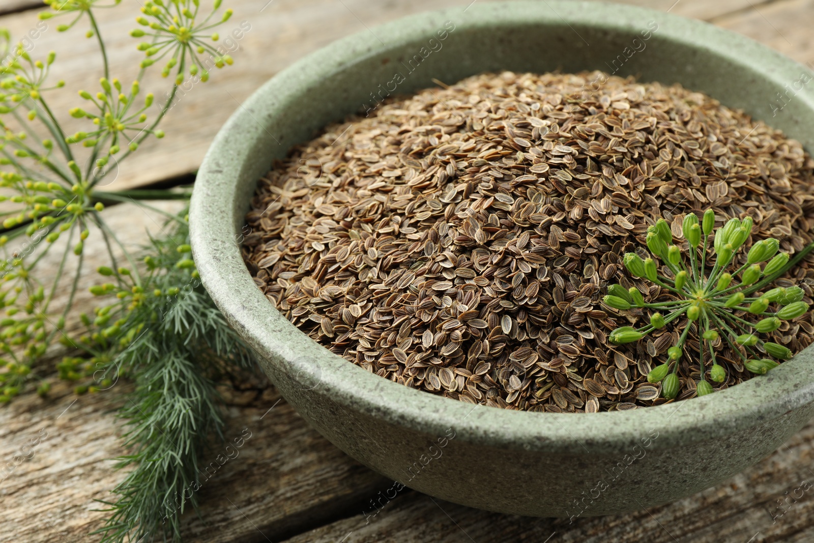 Photo of Dry seeds and fresh dill on wooden table, closeup