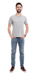 Young man in t-shirt on white background. Mock up for design