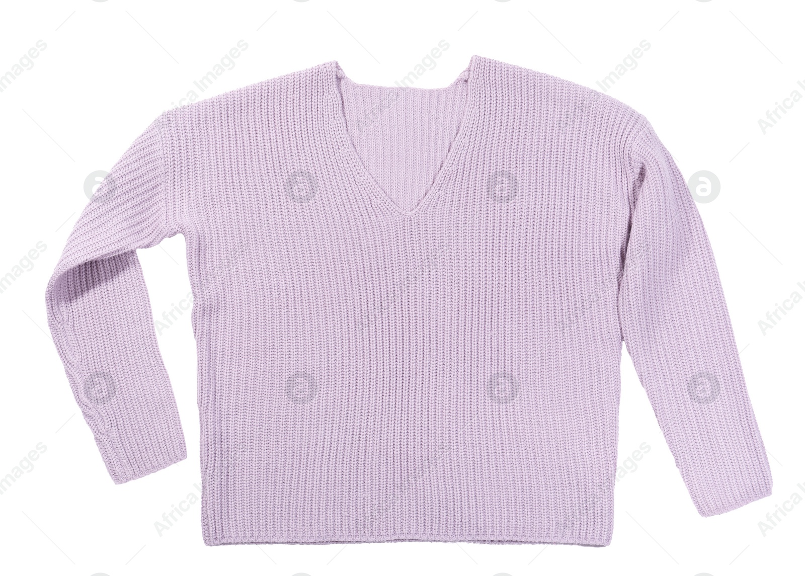 Photo of Cozy warm sweater on white background, top view